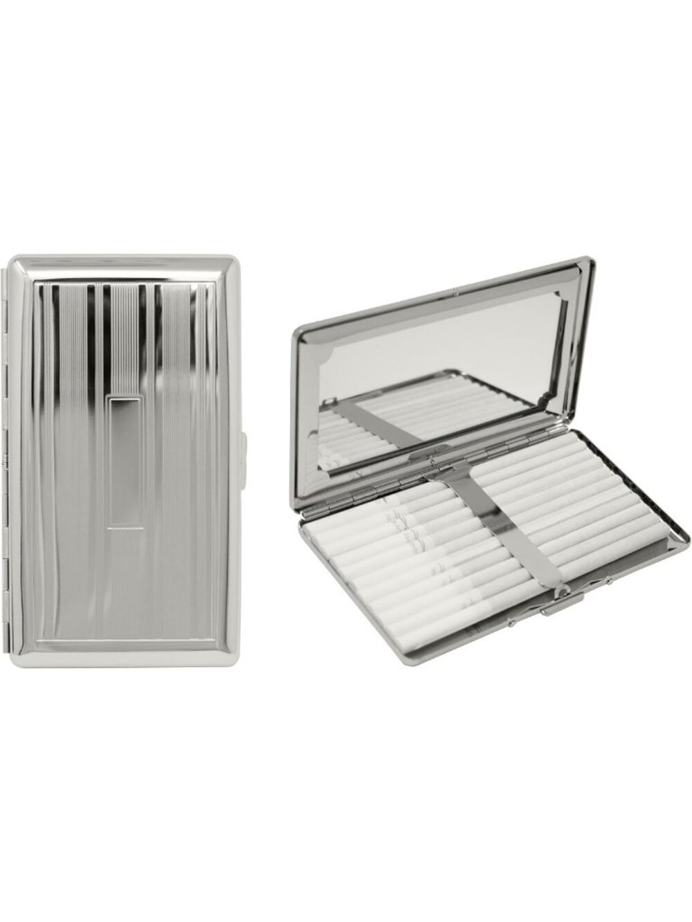 Stylish Set of 2 Metal-Plated Compact Cigarette Case & Mirror - Silver Lines